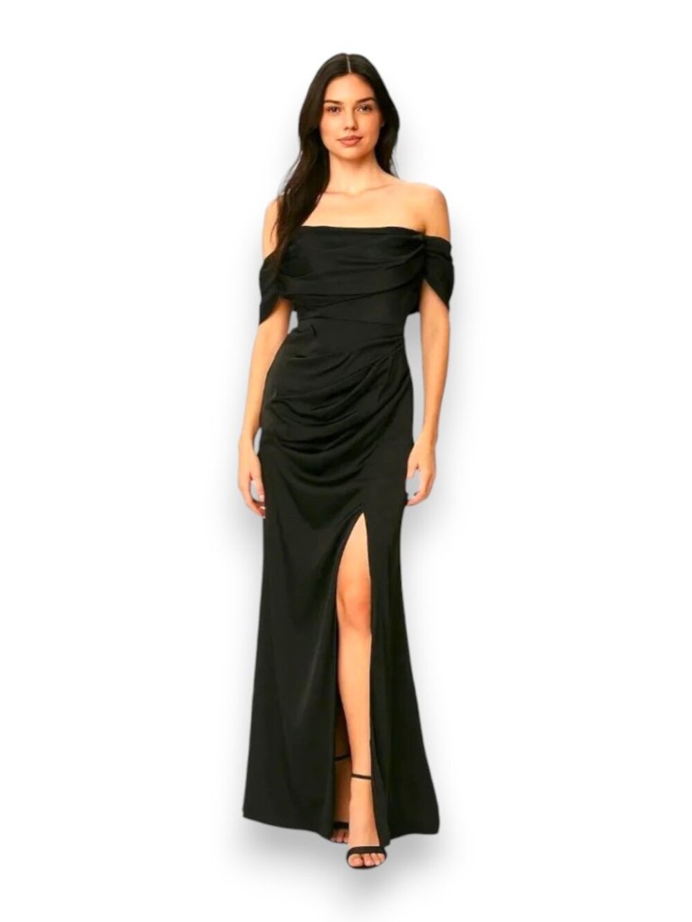 DO+BE Black Off Shoulder Draped Maxi Gown High Slit Dress Size Small NWT